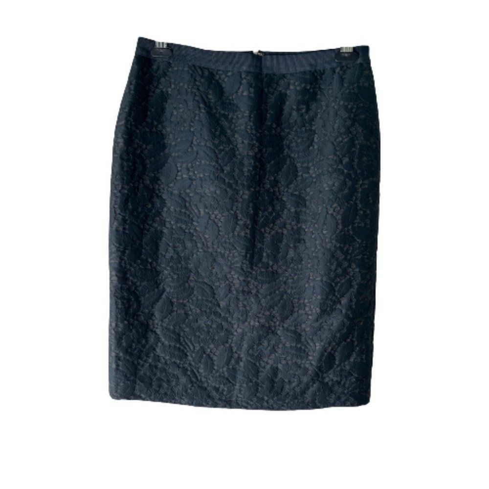 Ann Taylor Floral Brocade Pencil Skirt Navy Blue Size 8